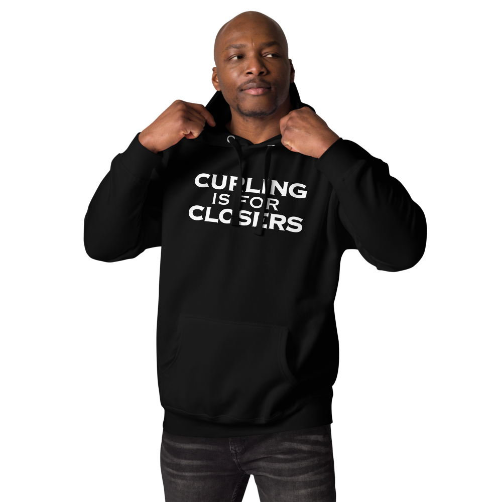 "Curling Is For Closers" printed on a black unisex hoodie worn by a male