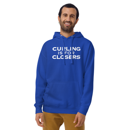 "Curling Is For Closers" printed on a team royal warn by a male