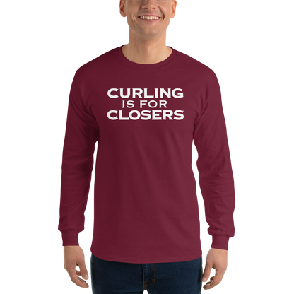 "Curling Is For Closers" printed on a maroon men's long sleeve shirt worn by a male