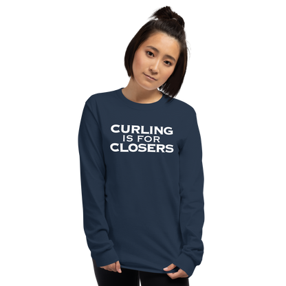 "Curling Is For Closers" printed on a navy men's long sleeve shirt worn by a female