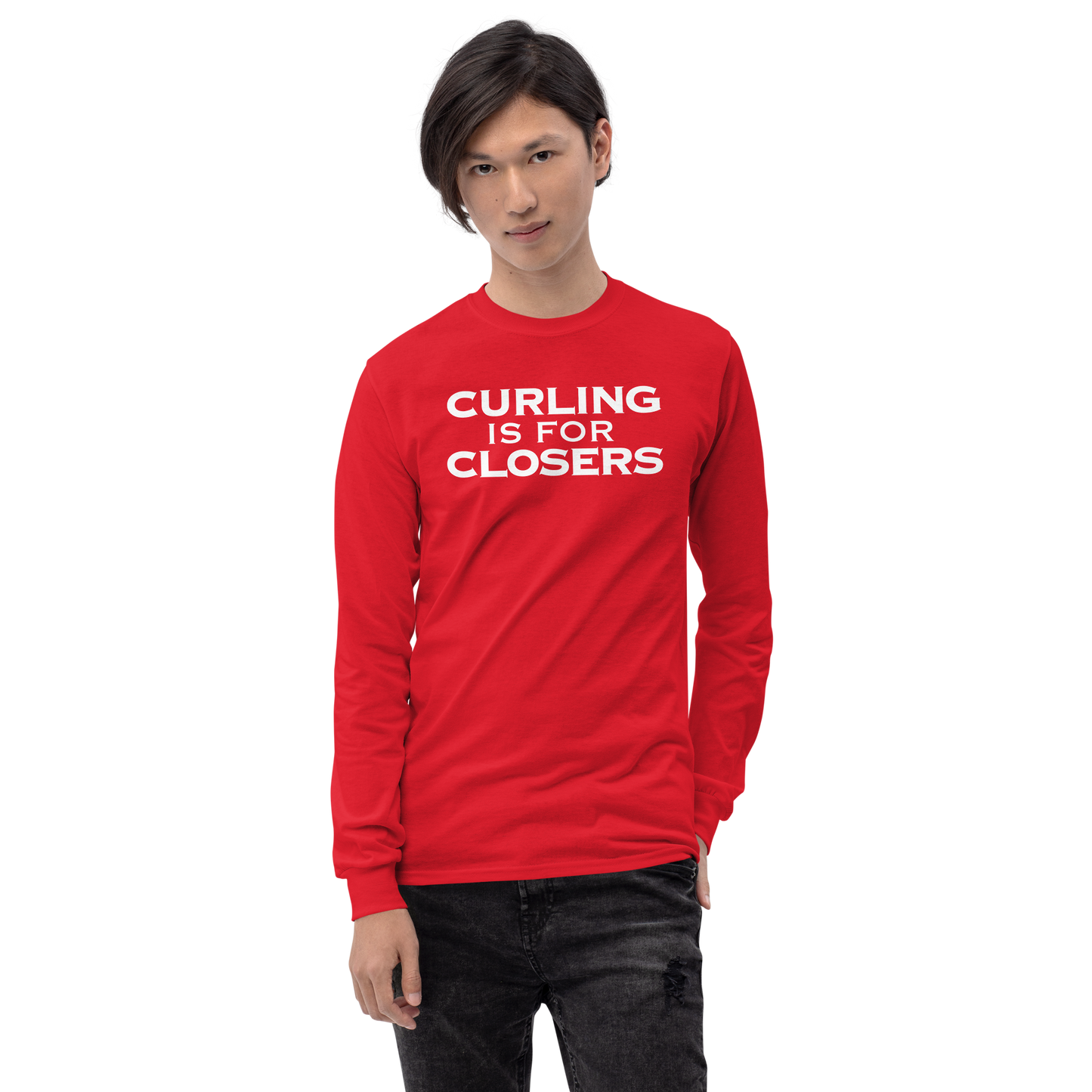 "Curling Is For Closers" printed on a red men's long sleeve shirt worn by a male