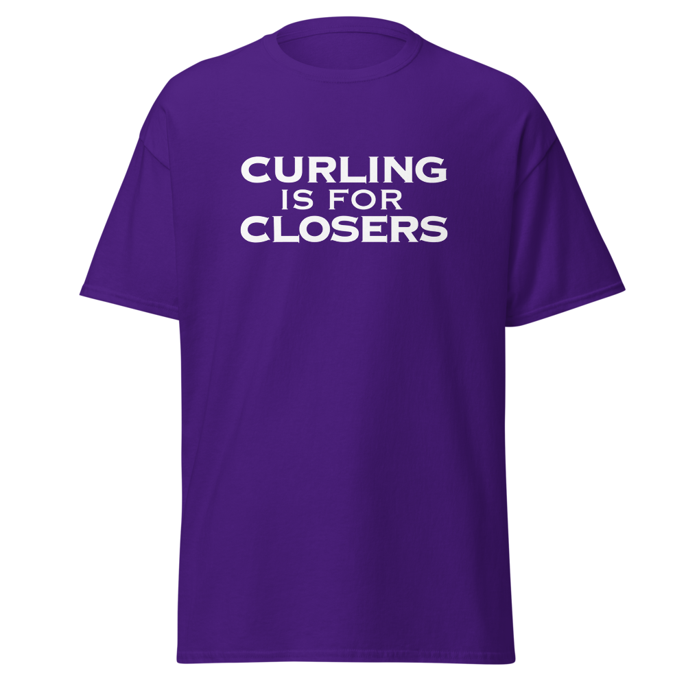 "Curling Is For Closers" printed on a purple on an invisible body