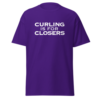 "Curling Is For Closers" printed on a purple on an invisible body