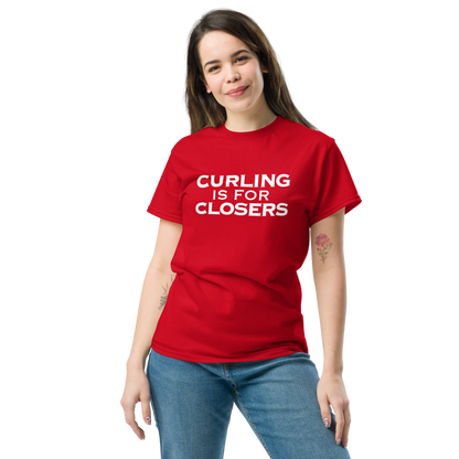 "Curling Is For Closers" printed on a red unisex classic tee worn by a female