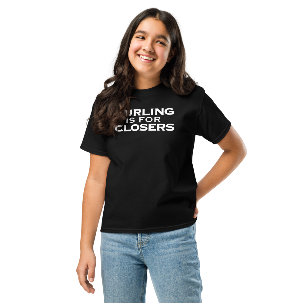 "Curling Is For Closers" printed on a black youth classic tee worn by a female