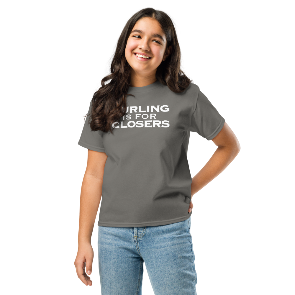 "Curling Is For Closers" printed on a charcoal youth classic tee worn by a female