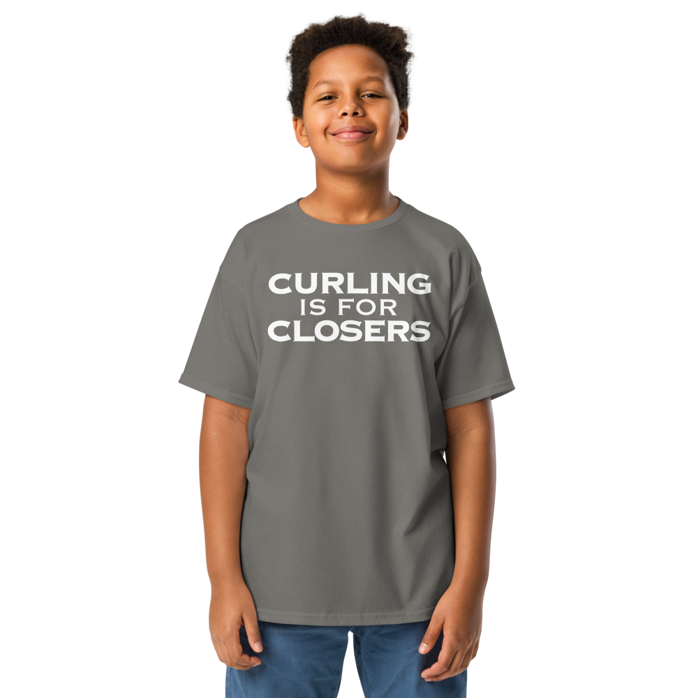 "Curling Is For Closers" printed on a charcoal youth classic tee worn by a male