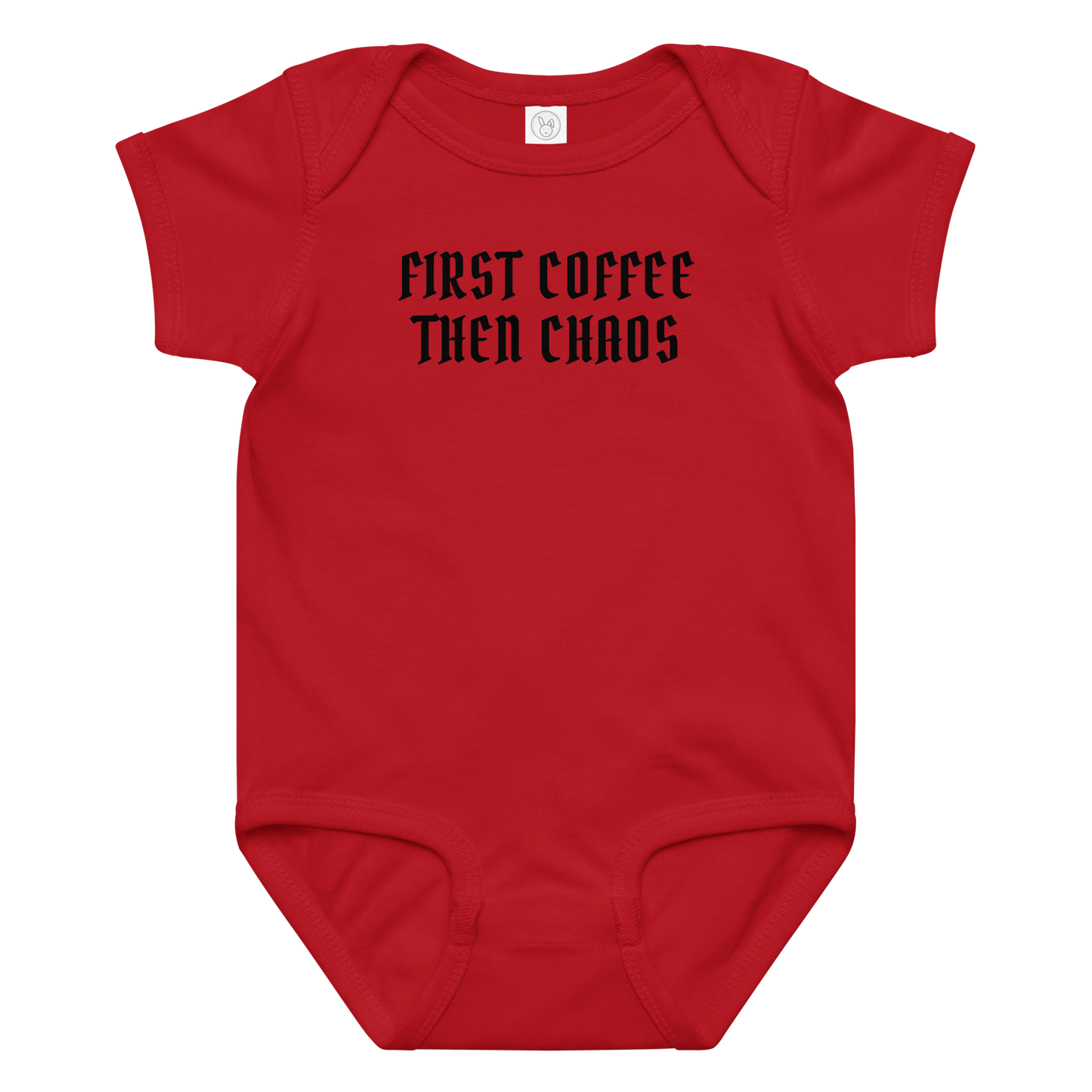"First Coffee  Then Chaos" printed on a red baby jersey bodysuit laying on a flat surface amongst other clothes