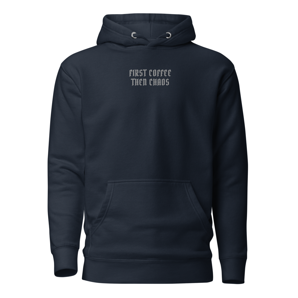 "First Coffee  Then Chaos" printed on a navy blazer on an invisible / simulated body