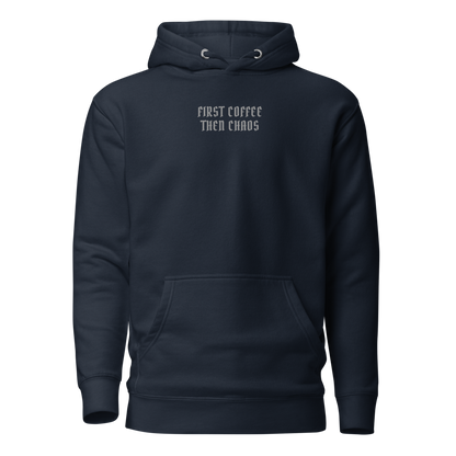 "First Coffee  Then Chaos" printed on a navy blazer on an invisible / simulated body