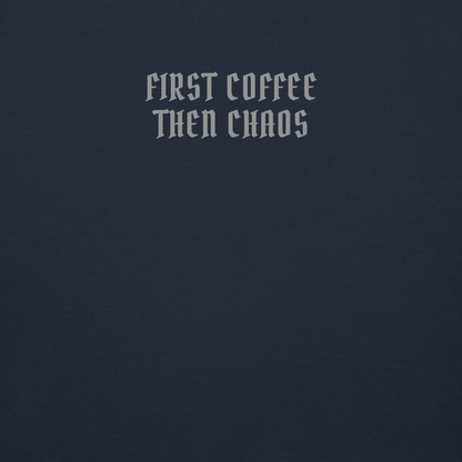 "First Coffee  Then Chaos" printed on a navy blazer background