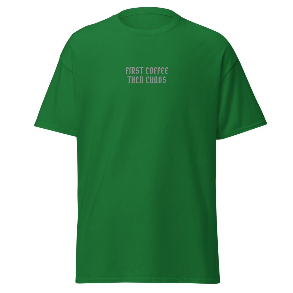 "First Coffee  Then Chaos" printed on a turf green on an invisible body