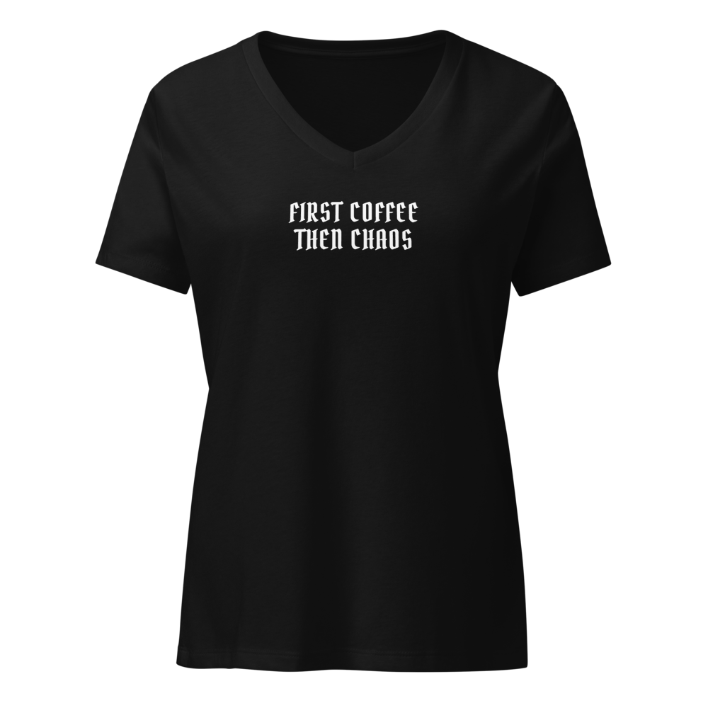 "First Coffee  Then Chaos" printed on a solid black blend on an invisible / simulated body