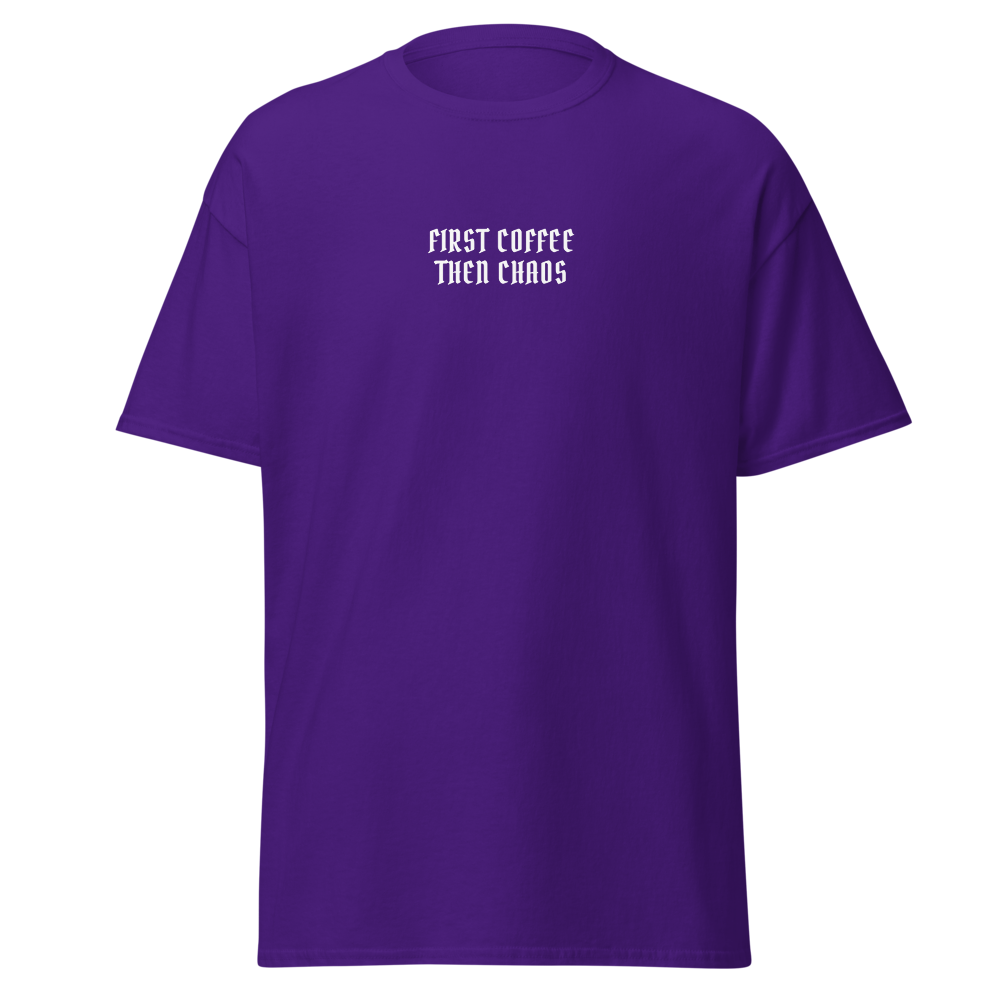 "First Coffee  Then Chaos" printed on a purple on an invisible body