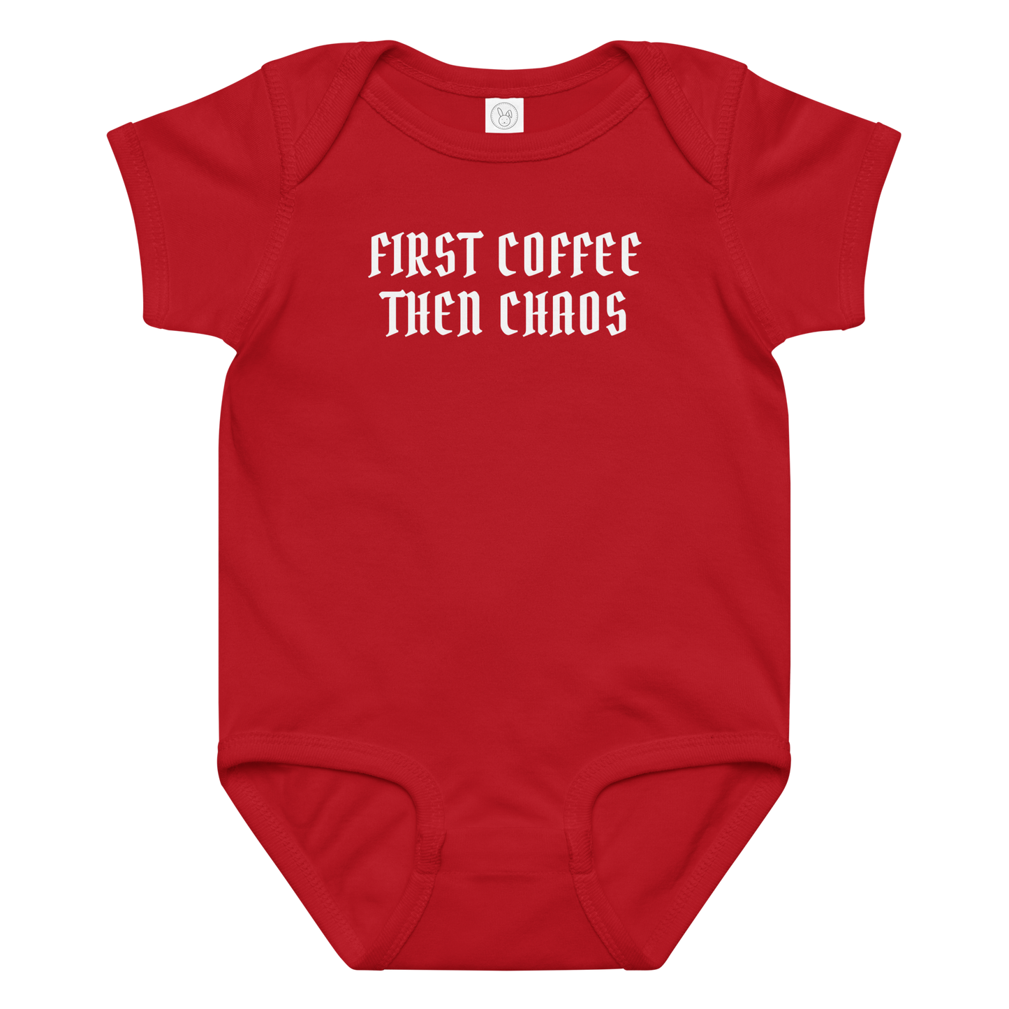 "First Coffee  Then Chaos" printed on a red baby jersey bodysuit laying on a flat surface amongst other clothes