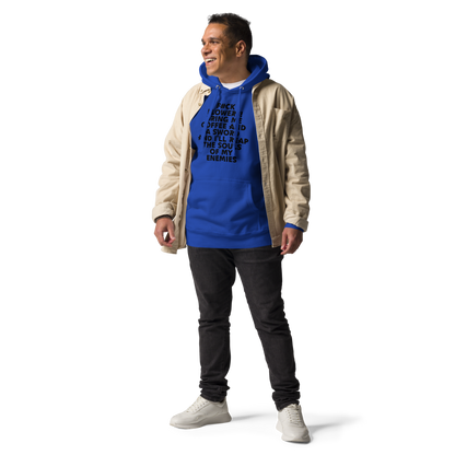 "F#Ck Flowers! Bring Me Coffee And A Sword And I'll Reap The Souls Of My Enemies" printed on a team royal unisex hoodie worn by a male with a jacket on top