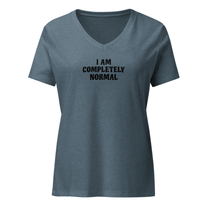 "I am completely normal" printed on a heather slate on an invisible / simulated body