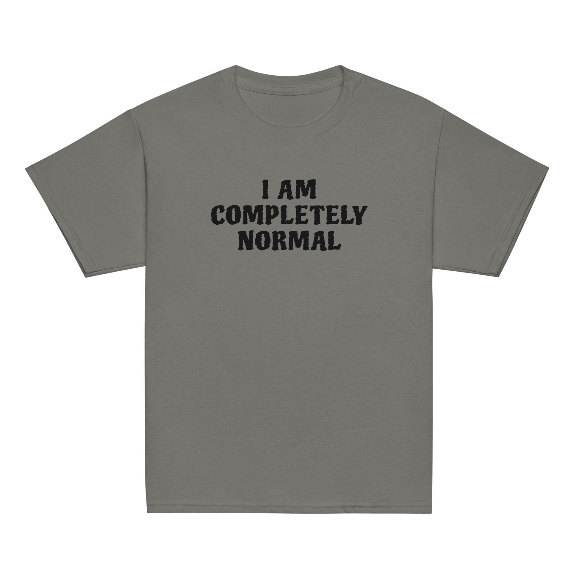 "I am completely normal" printed on a charcoal youth classic tee laying on a flat surface