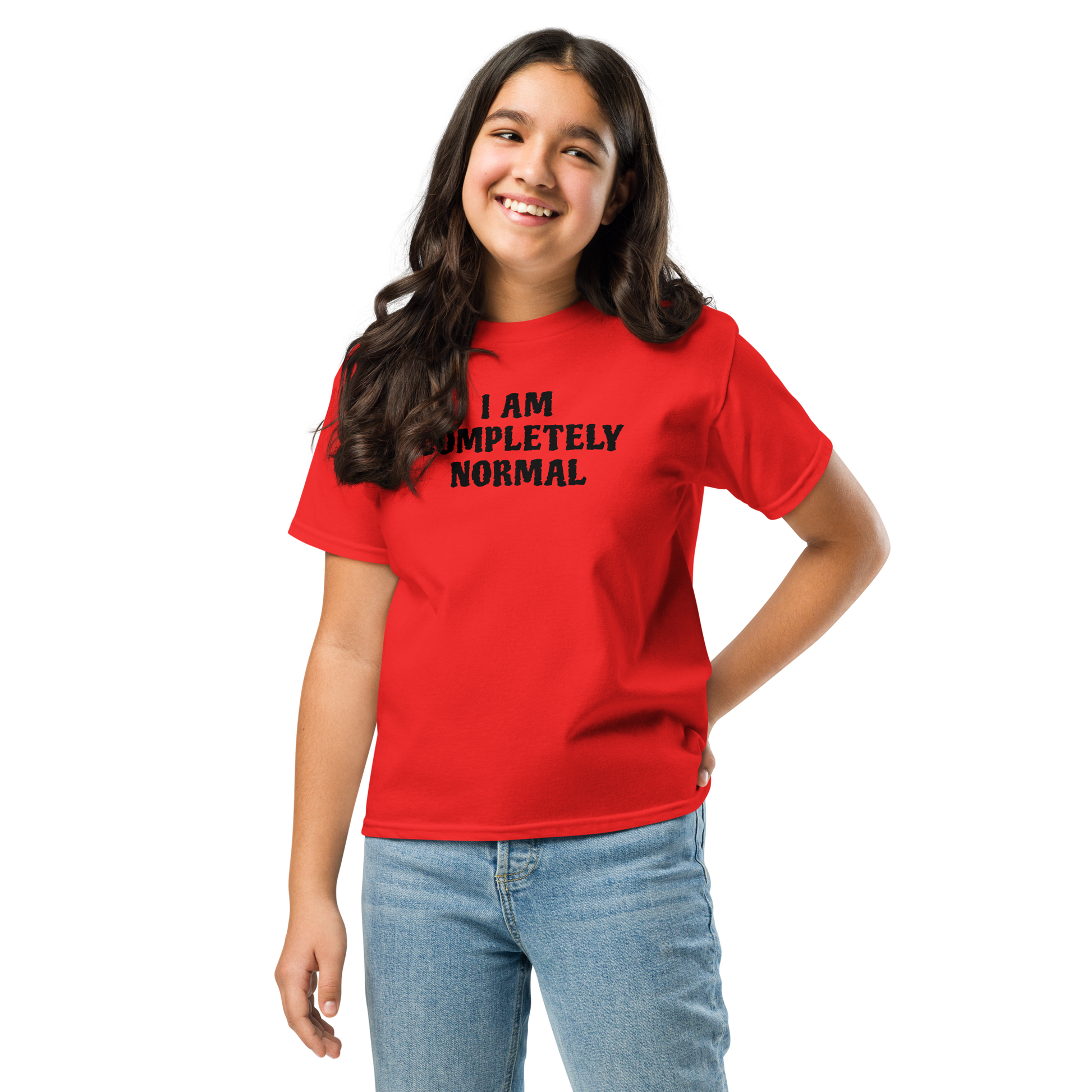 "I am completely normal" printed on a red youth classic tee worn by a female