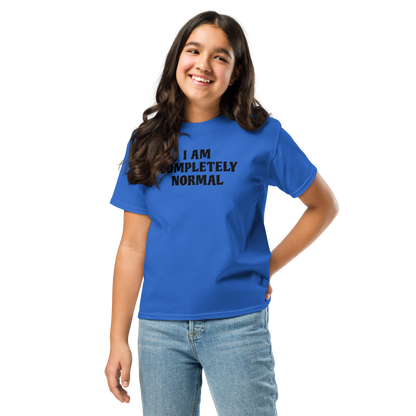"I am completely normal" printed on a royal youth classic tee worn by a female