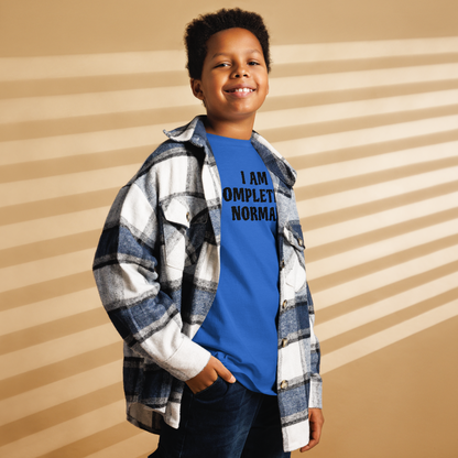 "I am completely normal" printed on a royal youth classic tee worn by a male also wearing a jacket