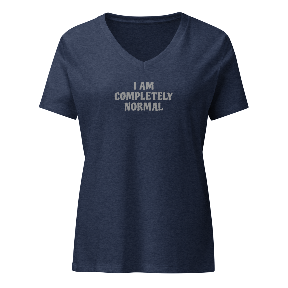 "I am completely normal" printed on a heather navy on an invisible / simulated body