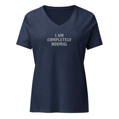 "I am completely normal" printed on a heather navy on an invisible / simulated body