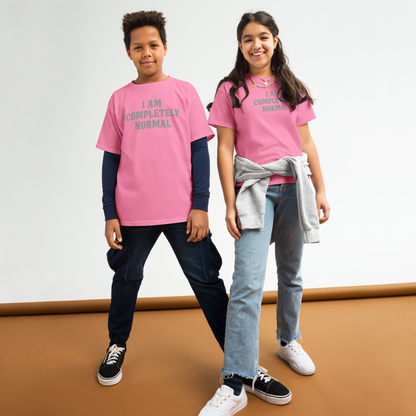 "I am completely normal" printed on a azalea youth classic tee worn by a female and male
