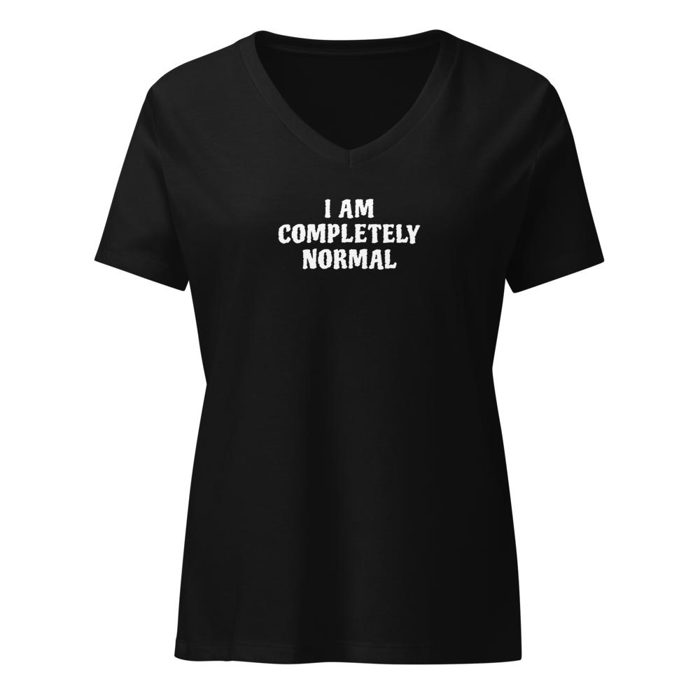 "I am completely normal" printed on a solid black blend on an invisible / simulated body
