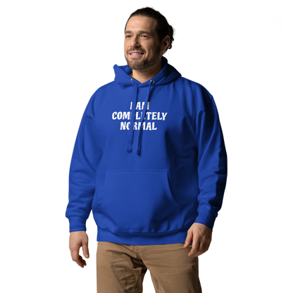 "I am completely normal" printed on a team royal unisex hoodie worn by a male