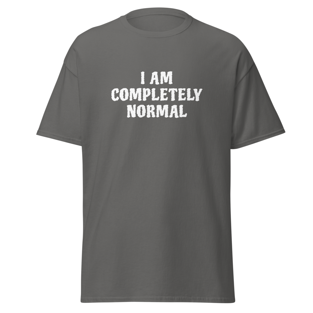"I am completely normal" printed on a charcoal on an invisible body