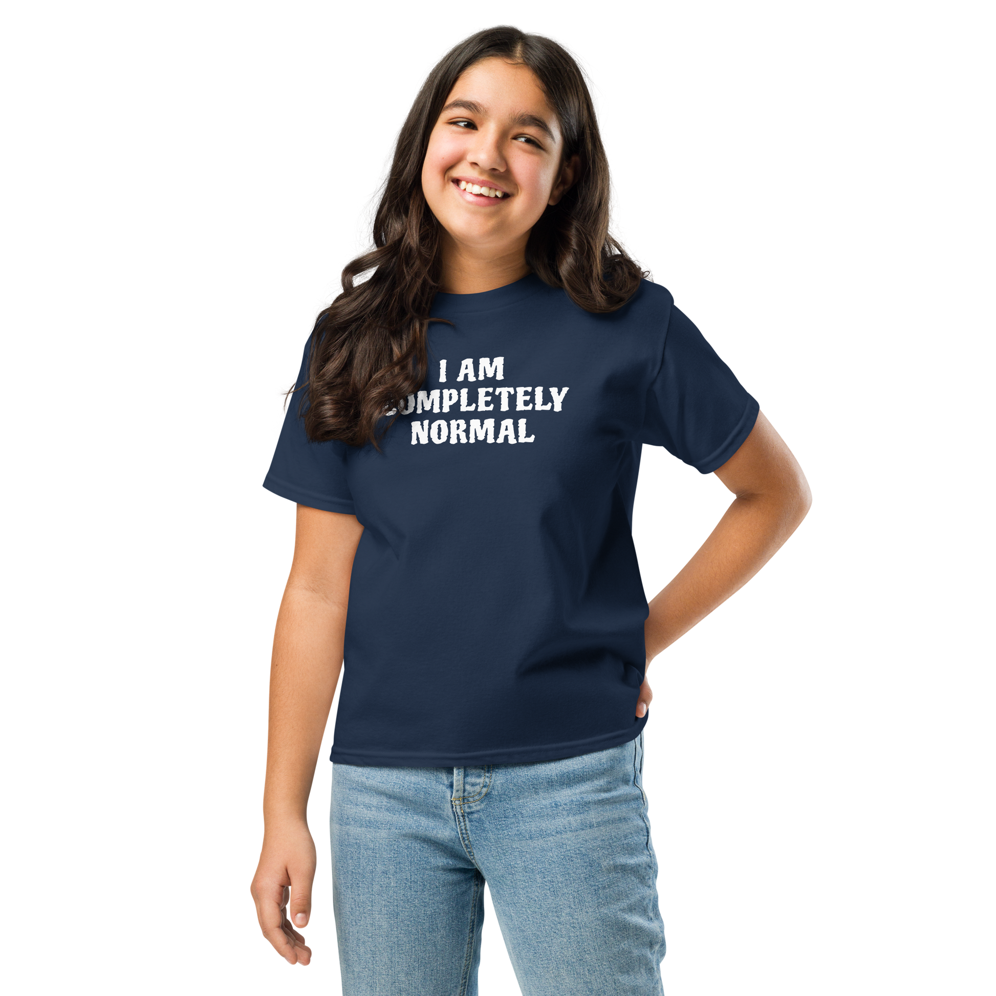 "I am completely normal" printed on a navy youth classic tee worn by a female