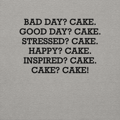 "Bad Day? Cake. Good Day? Cake. Stressed? Cake. Happy? Cake. Inspired? Cake. Cake? Cake!" printed on a carbon grey background
