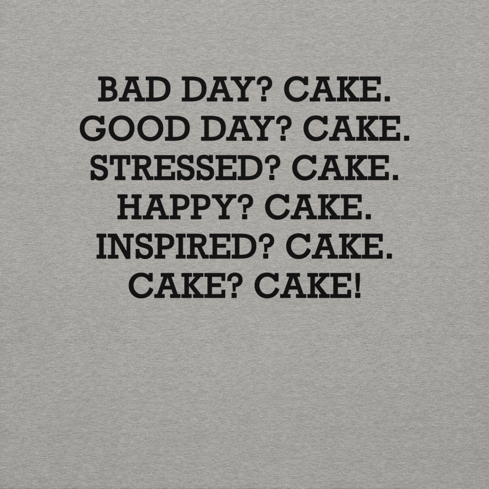 "Bad Day? Cake. Good Day? Cake. Stressed? Cake. Happy? Cake. Inspired? Cake. Cake? Cake!" printed on a carbon grey background
