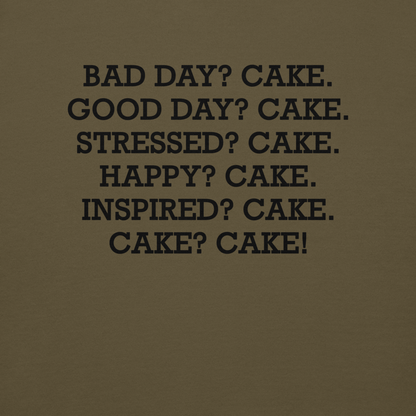 "Bad Day? Cake. Good Day? Cake. Stressed? Cake. Happy? Cake. Inspired? Cake. Cake? Cake!" printed on a military green background