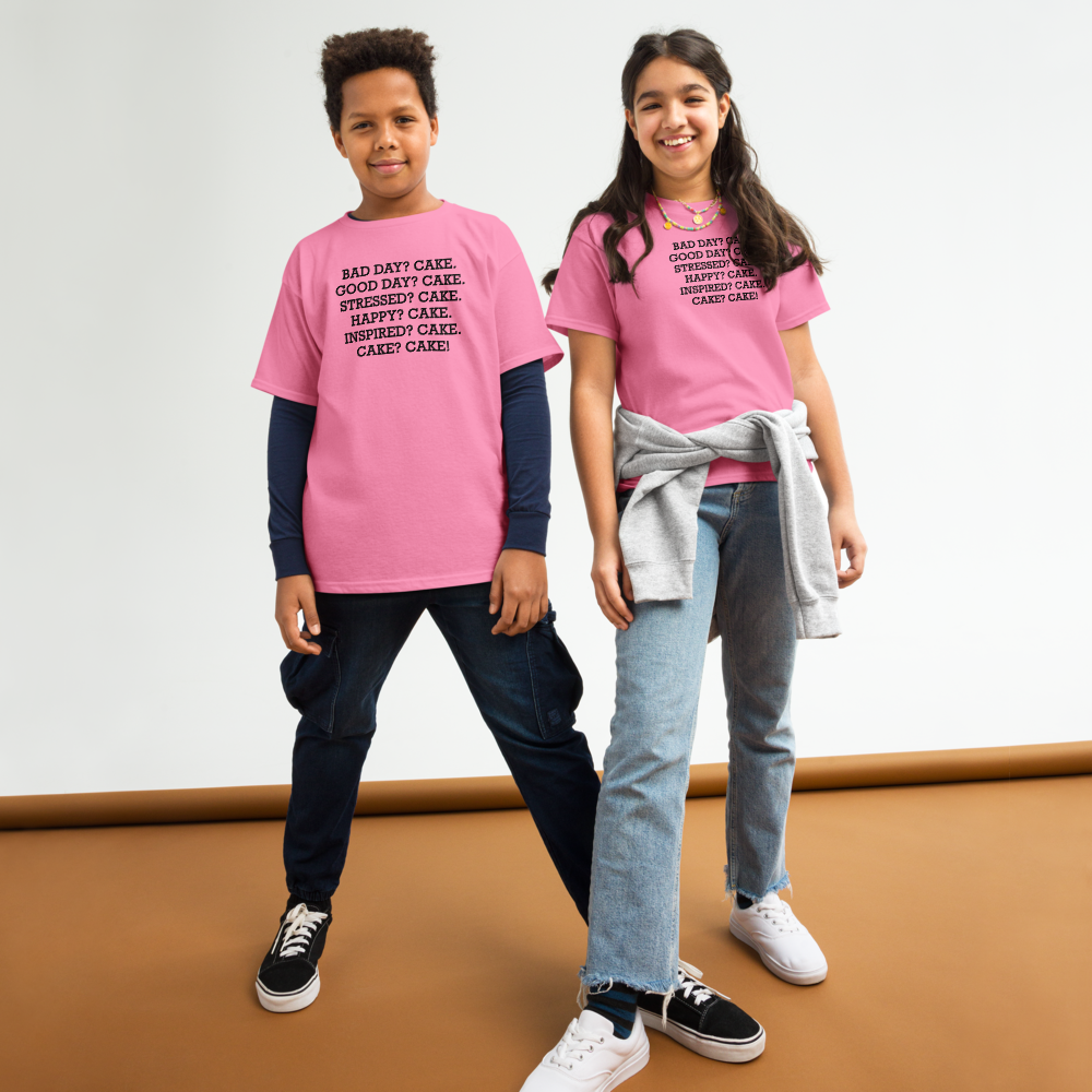 "Bad Day? Cake. Good Day? Cake. Stressed? Cake. Happy? Cake. Inspired? Cake. Cake? Cake!" printed on a azalea youth classic tee worn by a female and male