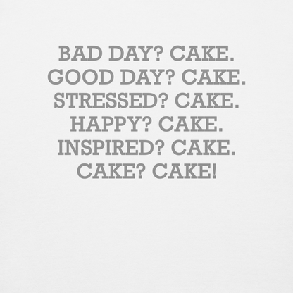 "Bad Day? Cake. Good Day? Cake. Stressed? Cake. Happy? Cake. Inspired? Cake. Cake? Cake!" printed on a white background