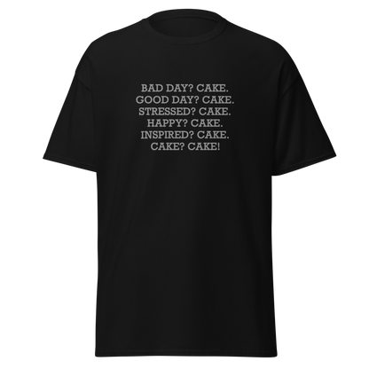"Bad Day? Cake. Good Day? Cake. Stressed? Cake. Happy? Cake. Inspired? Cake. Cake? Cake!" printed on a black on an invisible body