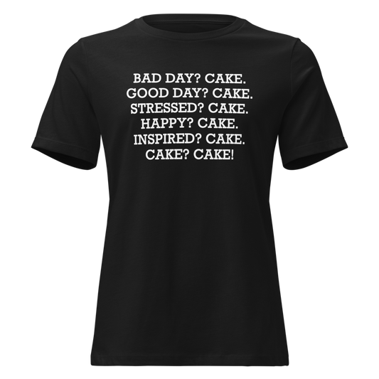 "Bad Day? Cake. Good Day? Cake. Stressed? Cake. Happy? Cake. Inspired? Cake. Cake? Cake!" printed on a black on an invisible / simulated body
