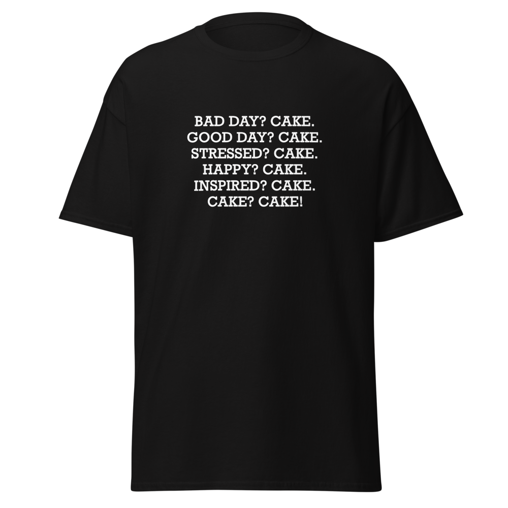 "Bad Day? Cake. Good Day? Cake. Stressed? Cake. Happy? Cake. Inspired? Cake. Cake? Cake!" printed on a black on an invisible body