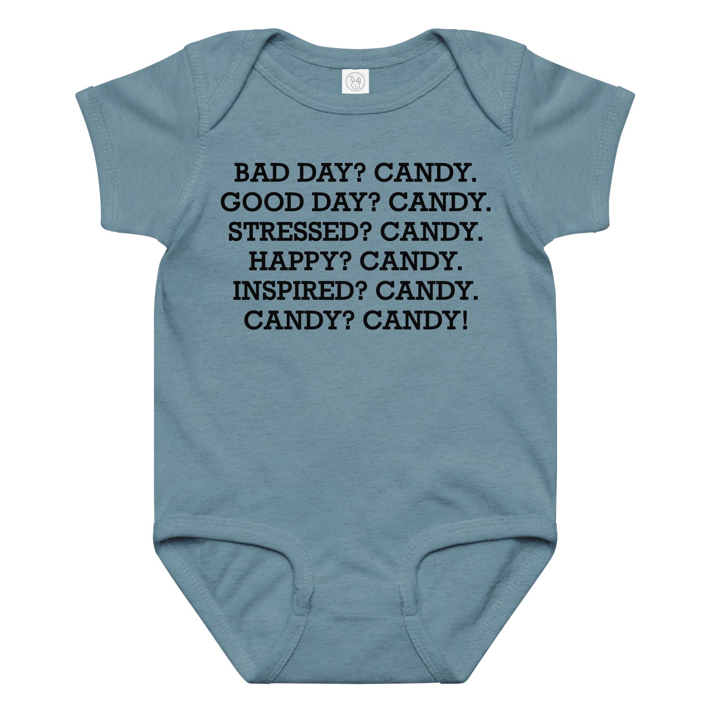 "Bad Day? Candy. Good Day? Candy. Stressed? Candy. Happy? Candy. Inspired? Candy. Candy? Candy!" printed on a vintage indigo baby jersey bodysuit laying on a flat surface amongst other clothes