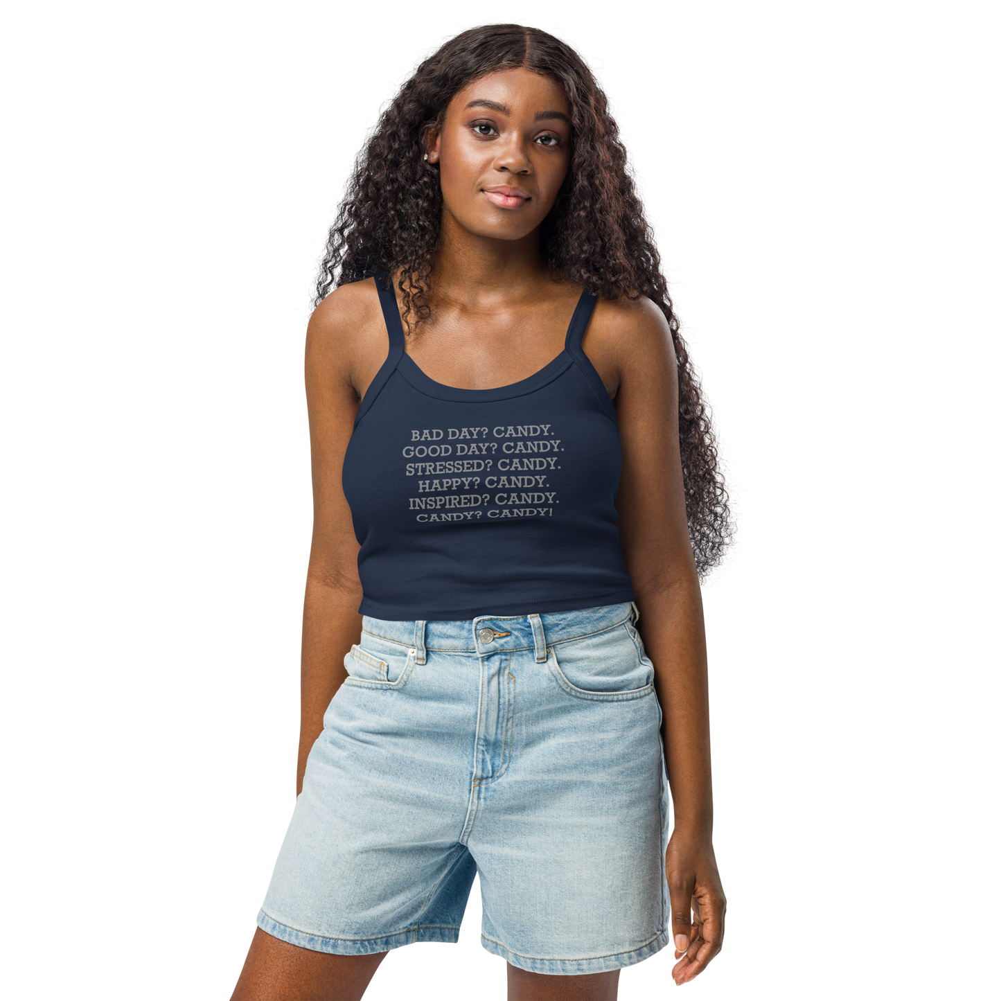 "Bad Day? Candy. Good Day? Candy. Stressed? Candy. Happy? Candy. Inspired? Candy. Candy? Candy!" printed on a solid navy blend women's micro-rib tanktop worn by a female