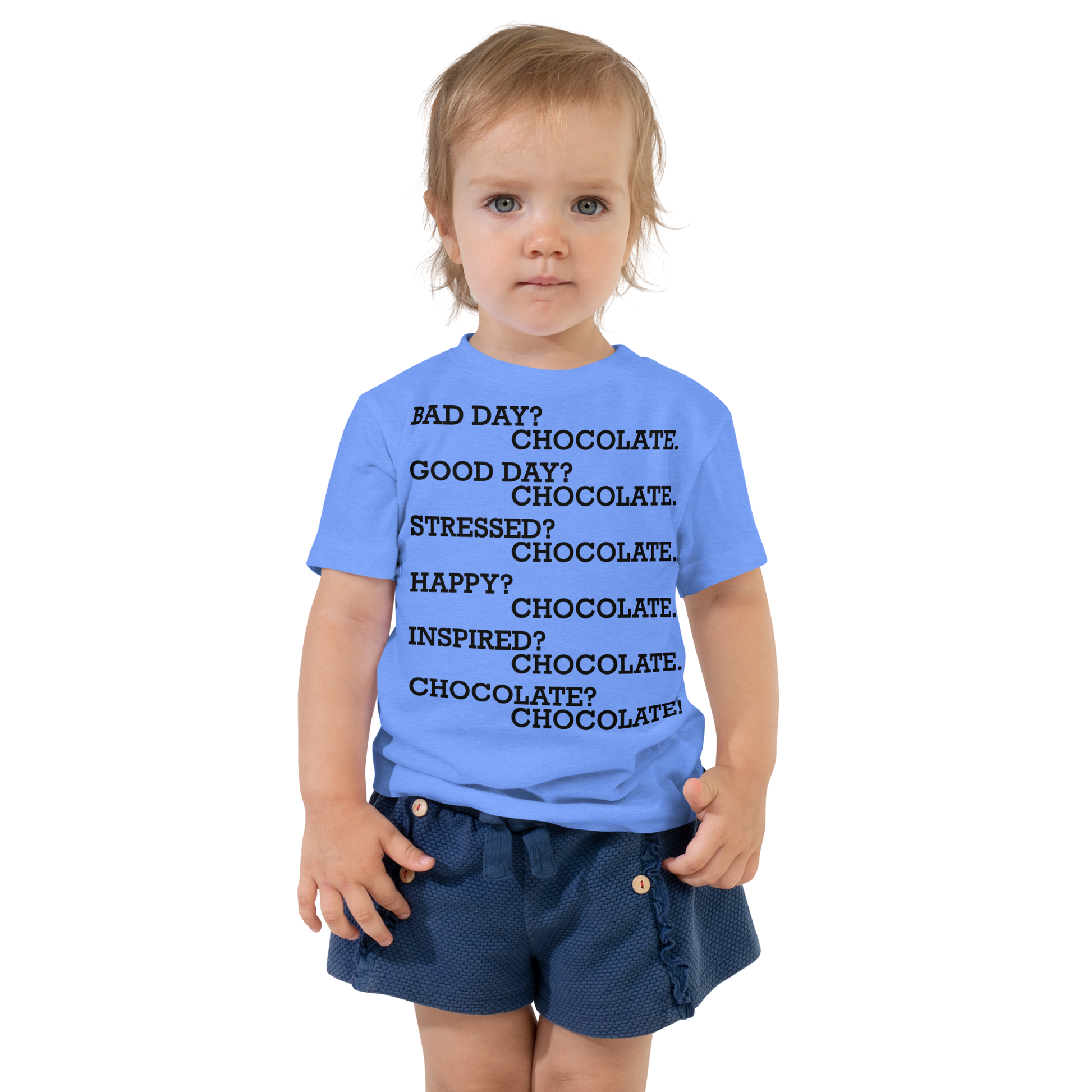"Bad Day? Chocolate. Good Day? Chocolate. Stressed? Chocolate. Happy? Chocolate. Inspired? Chocolate. Chocolate? Chocolate!" printed on a heather columbia blue toddler short sleeve tee worn by a female
