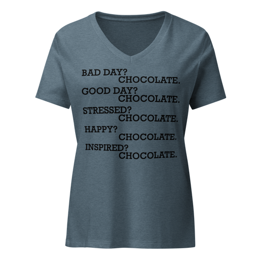 "Bad Day? Chocolate. Good Day? Chocolate. Stressed? Chocolate. Happy? Chocolate. Inspired? Chocolate. Chocolate? Chocolate!" printed on a heather slate on an invisible / simulated body