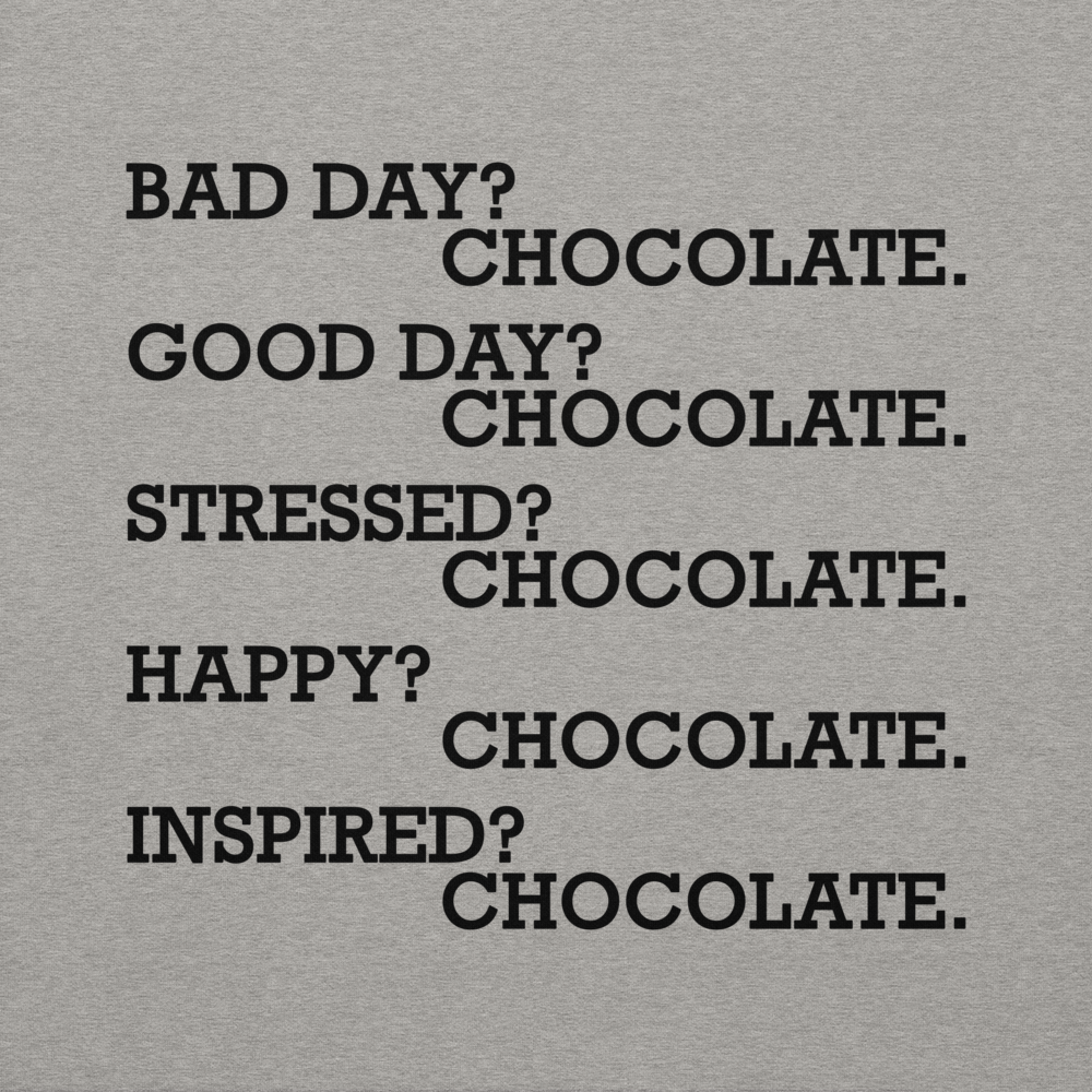 "Bad Day? Chocolate. Good Day? Chocolate. Stressed? Chocolate. Happy? Chocolate. Inspired? Chocolate. Chocolate? Chocolate!" printed on a carbon grey background