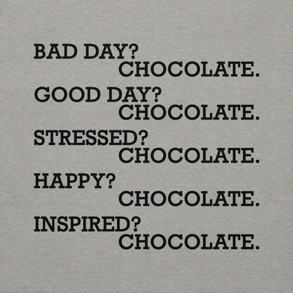 "Bad Day? Chocolate. Good Day? Chocolate. Stressed? Chocolate. Happy? Chocolate. Inspired? Chocolate. Chocolate? Chocolate!" printed on a carbon grey background