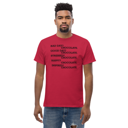 "Bad Day? Chocolate. Good Day? Chocolate. Stressed? Chocolate. Happy? Chocolate. Inspired? Chocolate. Chocolate? Chocolate!" printed on a cardinal unisex classic tee worn by a male