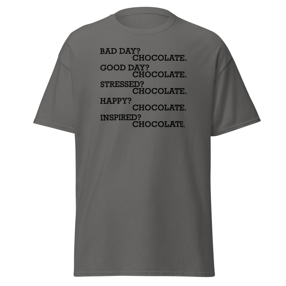 "Bad Day? Chocolate. Good Day? Chocolate. Stressed? Chocolate. Happy? Chocolate. Inspired? Chocolate. Chocolate? Chocolate!" printed on a charcoal on an invisible body