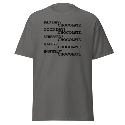 "Bad Day? Chocolate. Good Day? Chocolate. Stressed? Chocolate. Happy? Chocolate. Inspired? Chocolate. Chocolate? Chocolate!" printed on a charcoal on an invisible body