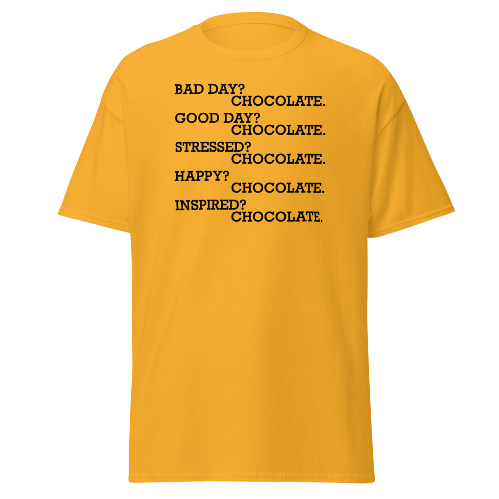 "Bad Day? Chocolate. Good Day? Chocolate. Stressed? Chocolate. Happy? Chocolate. Inspired? Chocolate. Chocolate? Chocolate!" printed on a gold on an invisible body